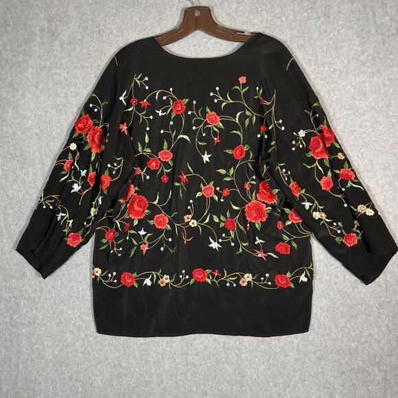 Ania A OPen Cardigan Kimono Womens M Black Embroidered Silk Top Floral Artsy - Picture 12 of 15